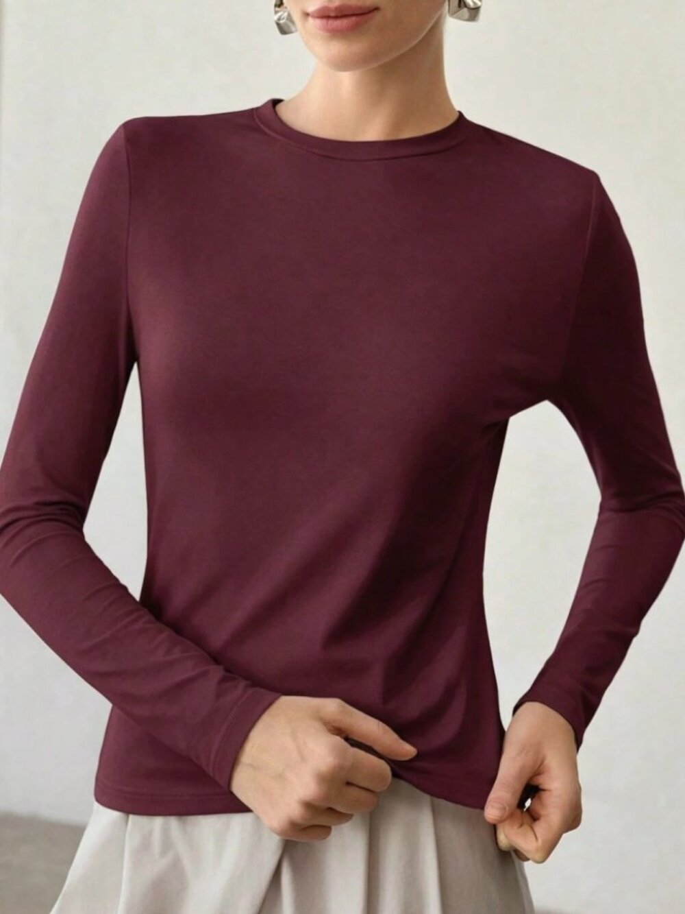 Burgundy Cotton Round Crew Neck Long Sleeve Slim Fit Tee